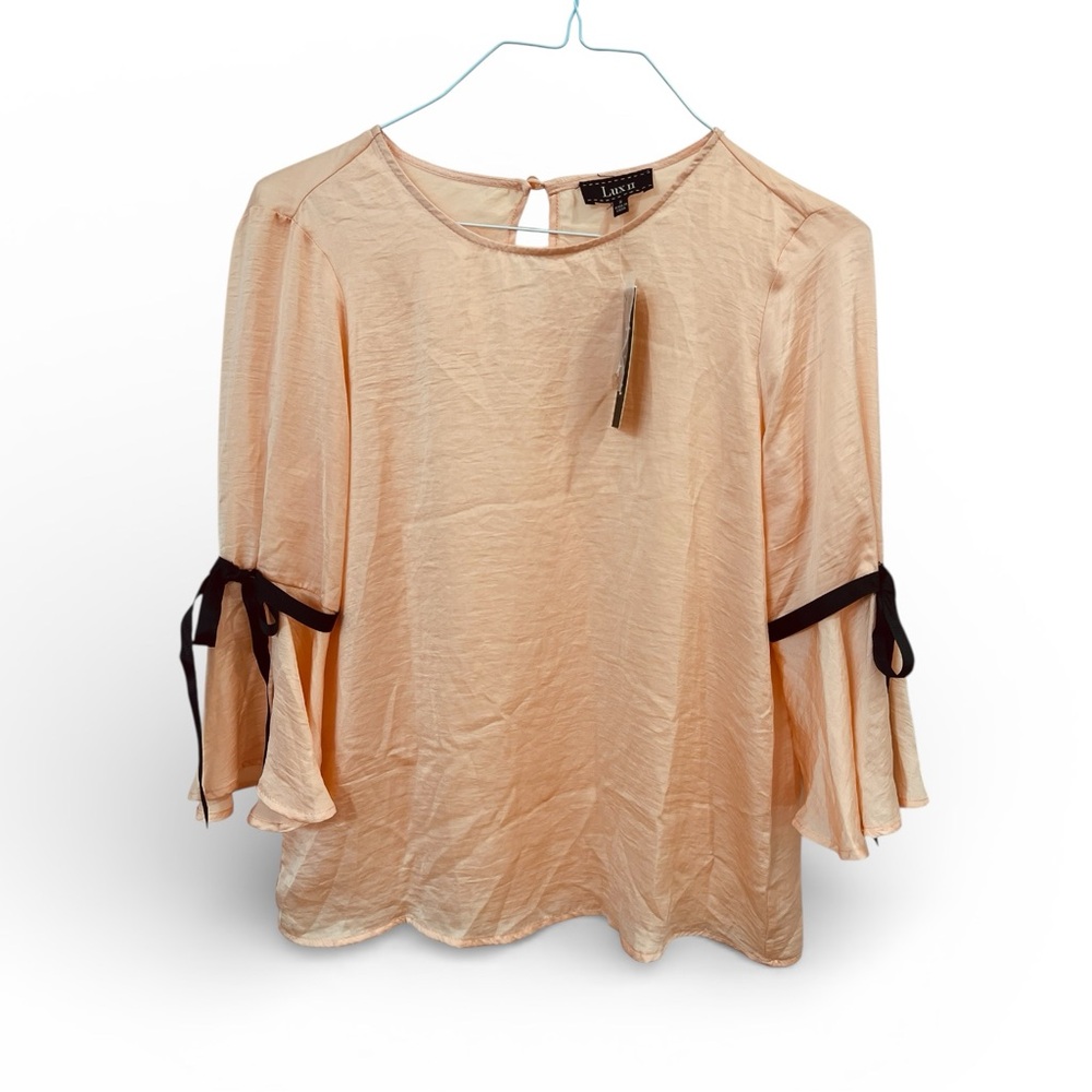 Lux Peach Blouse with Black Ribbon Details
